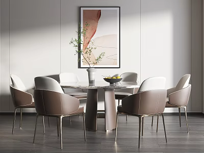 Modern Dining Table Set with Round Table Six Chairs Vase Green Plant and Wall Artwork 3d model