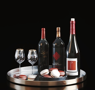 Modern Red Wine Food Combination Wine Bottle Wine Glass Macaroon Food Drink 3d model