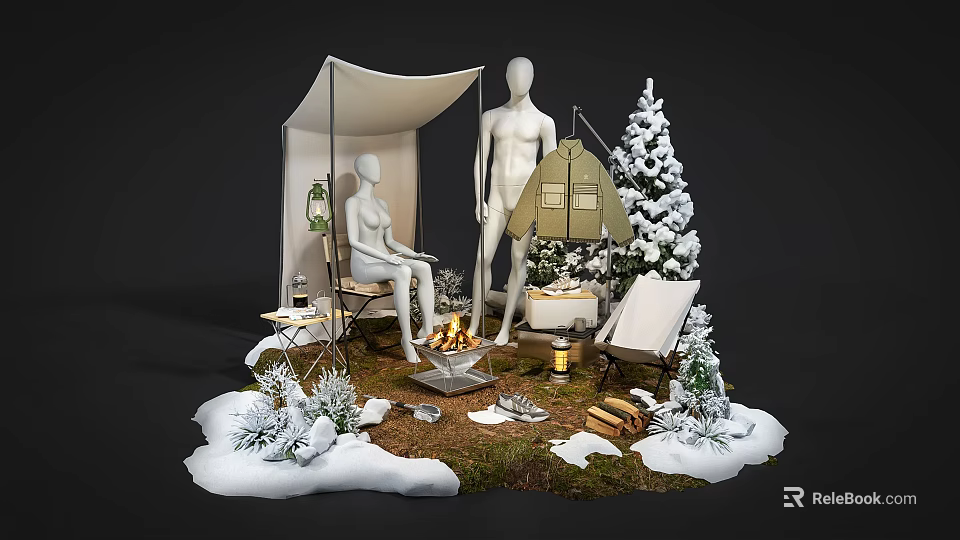 Scenic Winter Camping Landscape With Snow Covered Trees Tent Campfire Chairs And Mannequins 3d model 