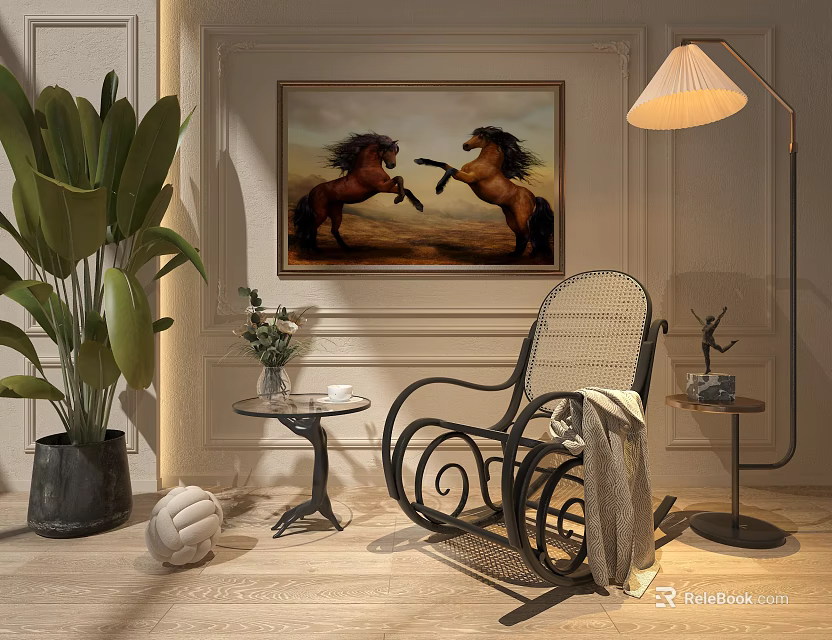 Wicker Rocking Leisure Chair with Floor Lamp Side Table Green Plant and Horse Wall Painting 3d model 