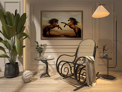 Wicker Rocking Leisure Chair with Floor Lamp Side Table Green Plant and Horse Wall Painting 3d model