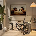 Wicker Rocking Leisure Chair with Floor Lamp Side Table Green Plant and Horse Wall Painting