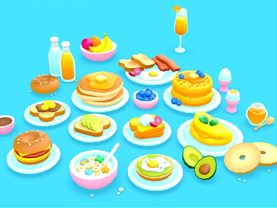 Delicious Breakfast Foods Including Pancakes Fried Eggs Avocado Fruits Milk And Juice 3d model