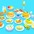Delicious Breakfast Foods Including Pancakes Fried Eggs Avocado Fruits Milk And Juice