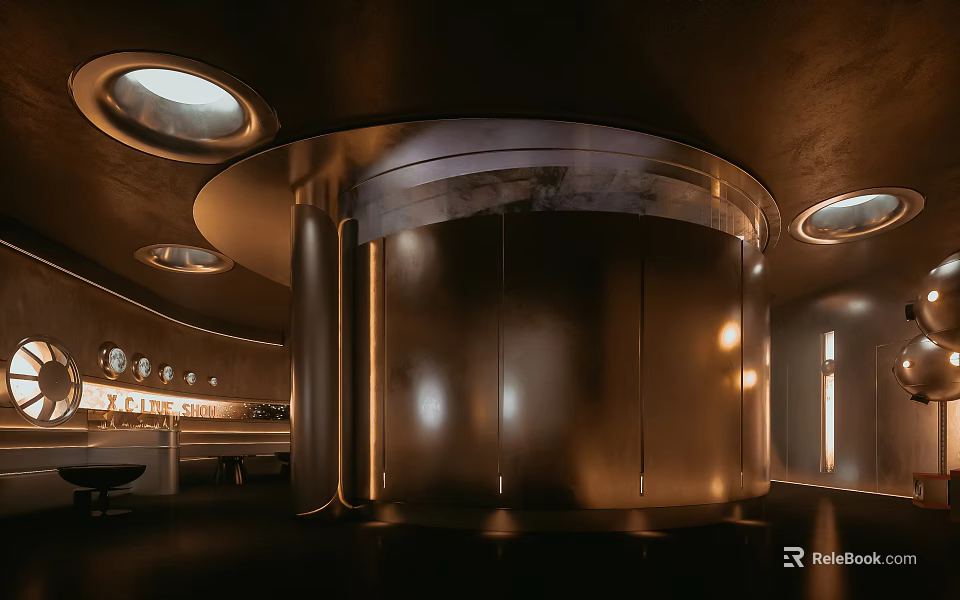 Modern Luxurious Lounge Area Interior With Circular Design Metal Finishes And Recessed Lighting 3d model 
