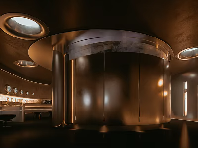 Modern Luxurious Lounge Area Interior With Circular Design Metal Finishes And Recessed Lighting 3d model