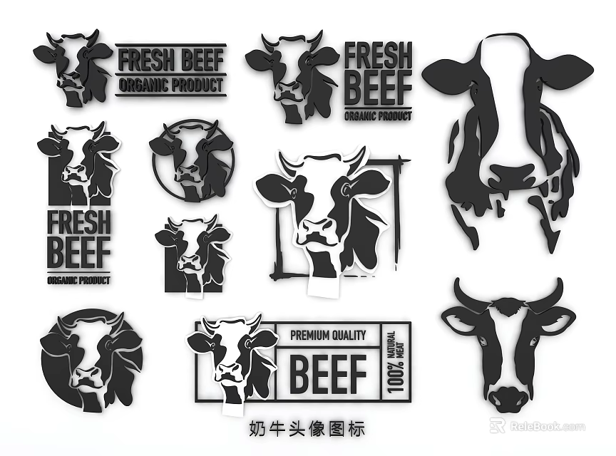 Creative Cow Head Icon Wall Decor With Various Black White Stylish Designs 3d model 