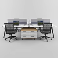 Modern Office Desk Setup With Dividers Open Laptops Ergonomic Chairs And Drawer Cabinet