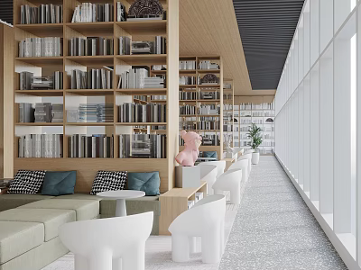 Book Art Inspired Modern Library Interior With Bookshelves Sofa White Chairs And Large Windows 3d model