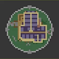 Lego Wooden Building With Purple Roof and Balcony on Circular Base Surrounded by Green Grass