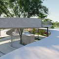 Scenic Waterfront Landscape With Curved Pathway Green Lawn Stone Benches And Trees