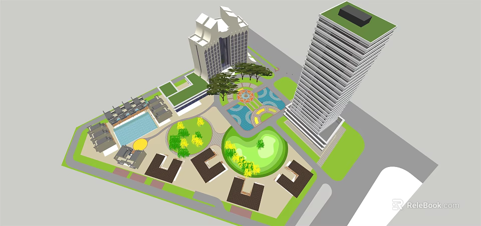 Modern Urban Development With Tall Buildings Green Spaces And Water Features 3d model 