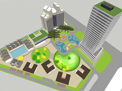 Modern Urban Development With Tall Buildings Green Spaces And Water Features 3d model