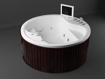 Round Bathtub with Dark Brown Wooden Exterior White Interior Built-in Screen and Massage Jets 3d model