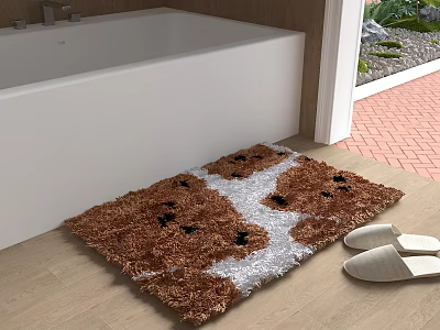Shaggy Brown And White Square Rug For Bathroom Entrance Near White Slippers On Wooden Floor 3d model