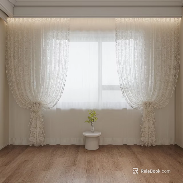 Elegant White Lace Curtains For Cozy Window With Wooden Floor And Green Plant 3d model 