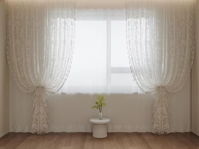 Elegant White Lace Curtains For Cozy Window With Wooden Floor And Green Plant 3d model
