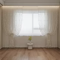 Elegant White Lace Curtains For Cozy Window With Wooden Floor And Green Plant