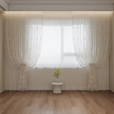 Elegant White Lace Curtains For Cozy Window With Wooden Floor And Green Plant 3d model