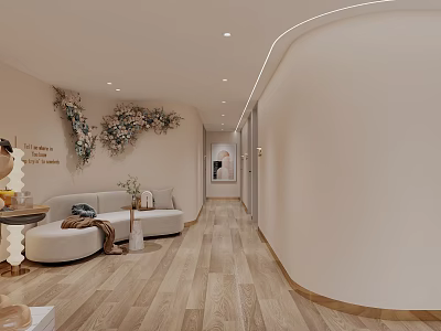 Modern Beauty Hair Salon Interior With Beige Walls Floral Decor Sofa And Wooden Flooring 3d model