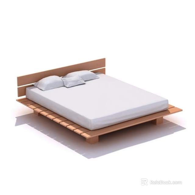 Modern Double Bed with Wooden Frame White Mattress and Two Pillows 3d model 