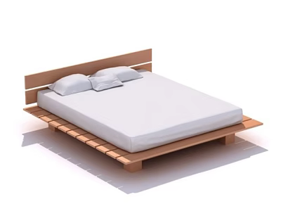 Modern Double Bed with Wooden Frame White Mattress and Two Pillows 3d model