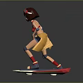 Anime Style Game Character With Red Hair Goggles Red Top Blue Shorts Knee Pads Skateboard