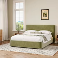 Cozy Bedroom With Green Upholstered Bed White Curtains Wooden Floor And Light Rug