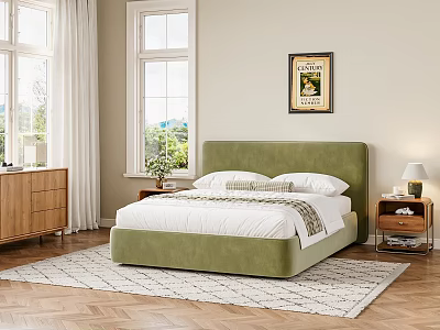 Cozy Bedroom With Green Upholstered Bed White Curtains Wooden Floor And Light Rug 3d model