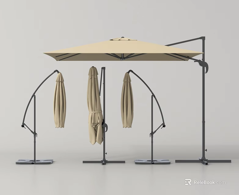 Beige Outdoor Cantilever Umbrella with Black Metal Frame and Three Folded Garden Umbrellas 3d model 
