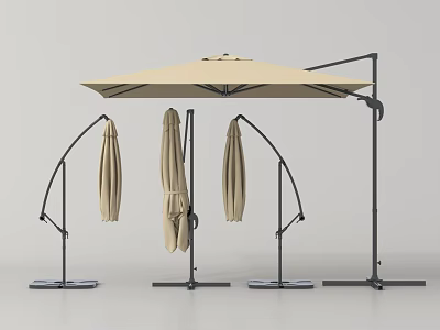 Beige Outdoor Cantilever Umbrella with Black Metal Frame and Three Folded Garden Umbrellas 3d model
