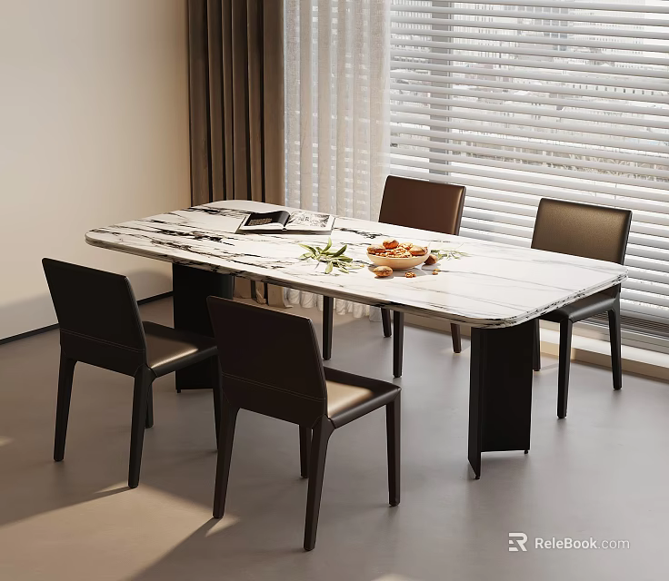 Modern Dining Table Set With Marble Top And Four Dark Chairs In Interior 3d model