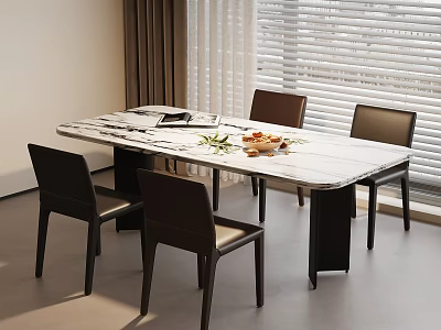 Modern Dining Table Set With Marble Top And Four Dark Chairs In Interior 3d model