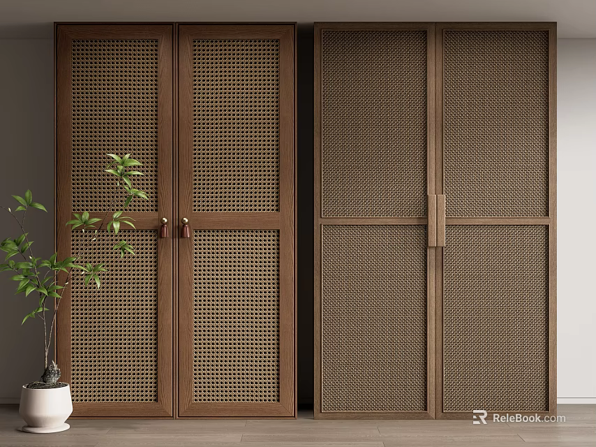 Natural Wooden Wardrobe With Rattan Panel Sliding Doors And Minimalist Design 3d model 