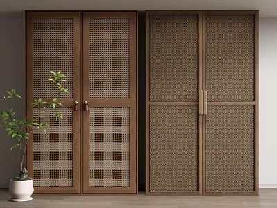 Natural Wooden Wardrobe With Rattan Panel Sliding Doors And Minimalist Design 3d model