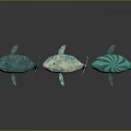 Three Blue And Teal Whales With White Spots On Gray Gradient Background 3d model