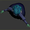 Magical Elf Creature Character Green Skin Blue Hair Silver Armor Orange Dress Blue Cape Standing