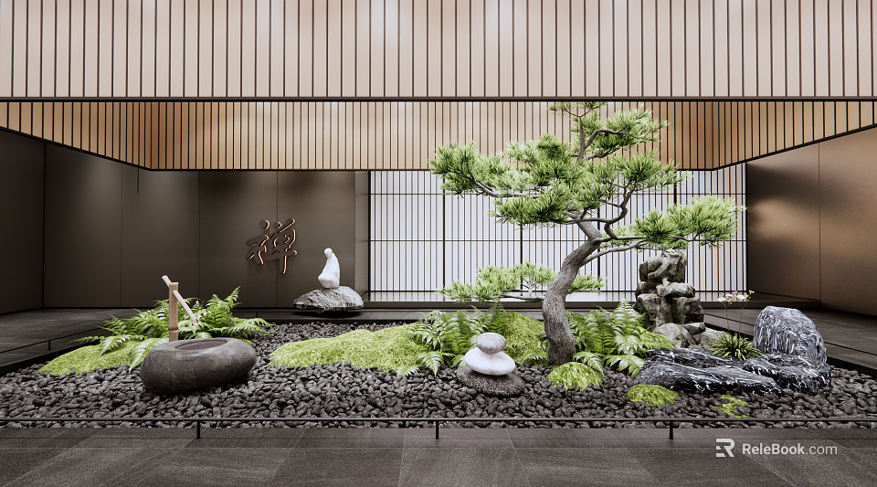 Serene Zen Garden Ornamental Feature with Pine Tree Moss Stones and Wooden Sliding Screens 3d model 