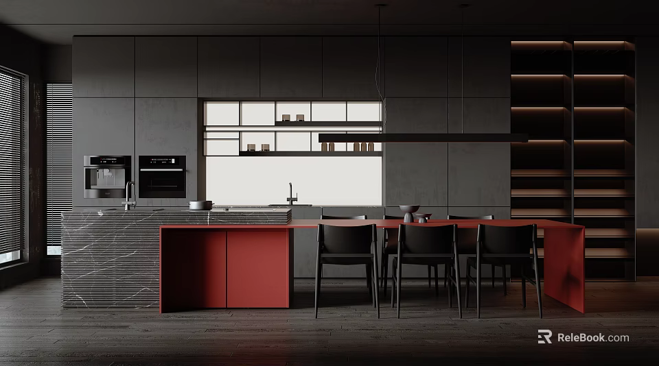 Modern Open Concept Restaurant Kitchen Interior With Red Island Counter Black Chairs And Gray Cabinets 3d model 