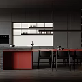 Modern Open Concept Restaurant Kitchen Interior With Red Island Counter Black Chairs And Gray Cabinets