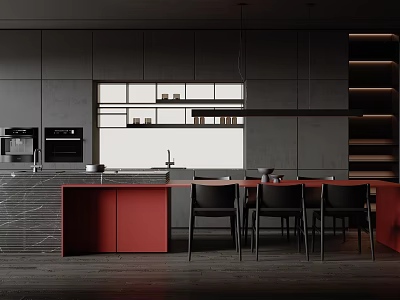 Modern Open Concept Restaurant Kitchen Interior With Red Island Counter Black Chairs And Gray Cabinets 3d model