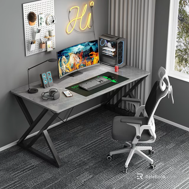 Modern Gaming Desk With Large Monitor Computer Tower Pegboard And Ergonomic Chair 3d model 