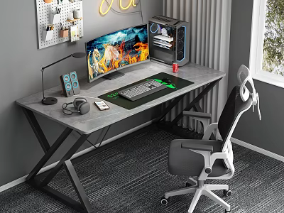 Modern Gaming Desk With Large Monitor Computer Tower Pegboard And Ergonomic Chair 3d model