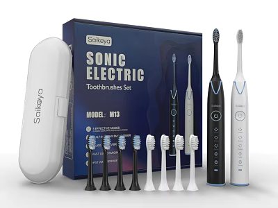 Sonic Electric Toothbrushes Set With Multiple Brush Heads Different Colors And White Travel Case 3d model