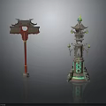 Traditional Chinese Architectural Decorative Elements Featuring Red Pillar And Pagoda Style Tower