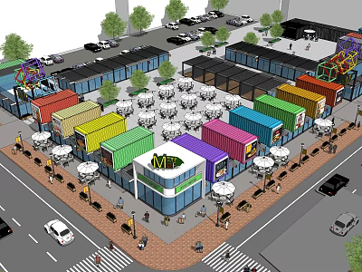Colorful Container Commercial Street Featuring Outdoor Dining Tables Pedestrians Trees And Cars 3d model