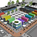 Colorful Container Commercial Street Featuring Outdoor Dining Tables Pedestrians Trees And Cars