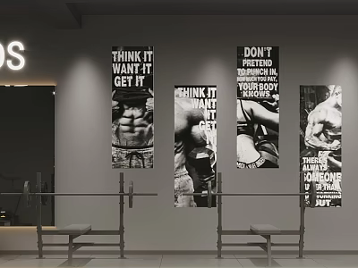 Gym Interior With Motivational Fitness Posters Barbell Bench And Workout Gear 3d model