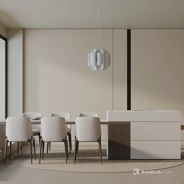 Modern Dining Table Set With White Chairs Geometric Pendant Light White Cabinet And Beige Walls 3d model 