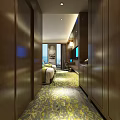 Modern Hotel Room With Double Beds Purple Pillows Green Runners And Sea View